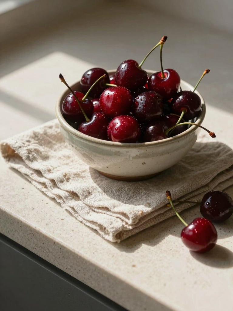 A rustic linen napkin next to a ceramic bowl filled with dark red cherries on a limestone counter, soft morning sun casting long shadows