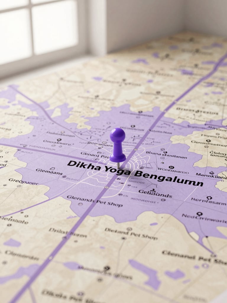 A detailed, stylized map of Indiranagar, Bengaluru, with a pin marking Diksha Yoga Classes, highlighting nearby landmarks like Glenands Pet Shop, surrounded by soft lavender hues and cream tones.