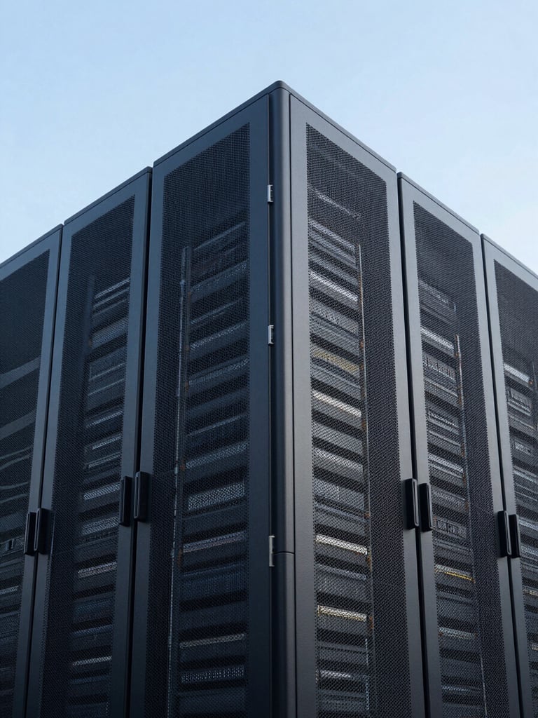 Symmetric architectural detail of a modern data center infrastructure, cool-toned daylight, sharp focus, deep navy and steel gray tones.