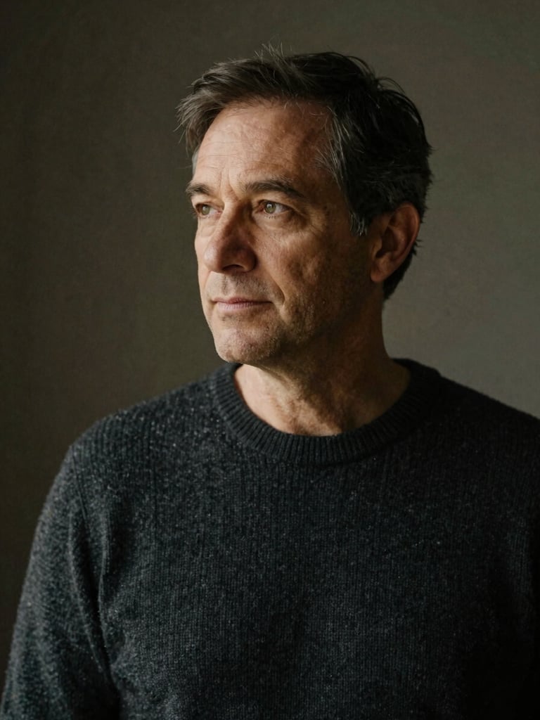 A thoughtful portrait of a mature man in a dark knit sweater, looking away from the camera, soft natural side lighting, dark moody background