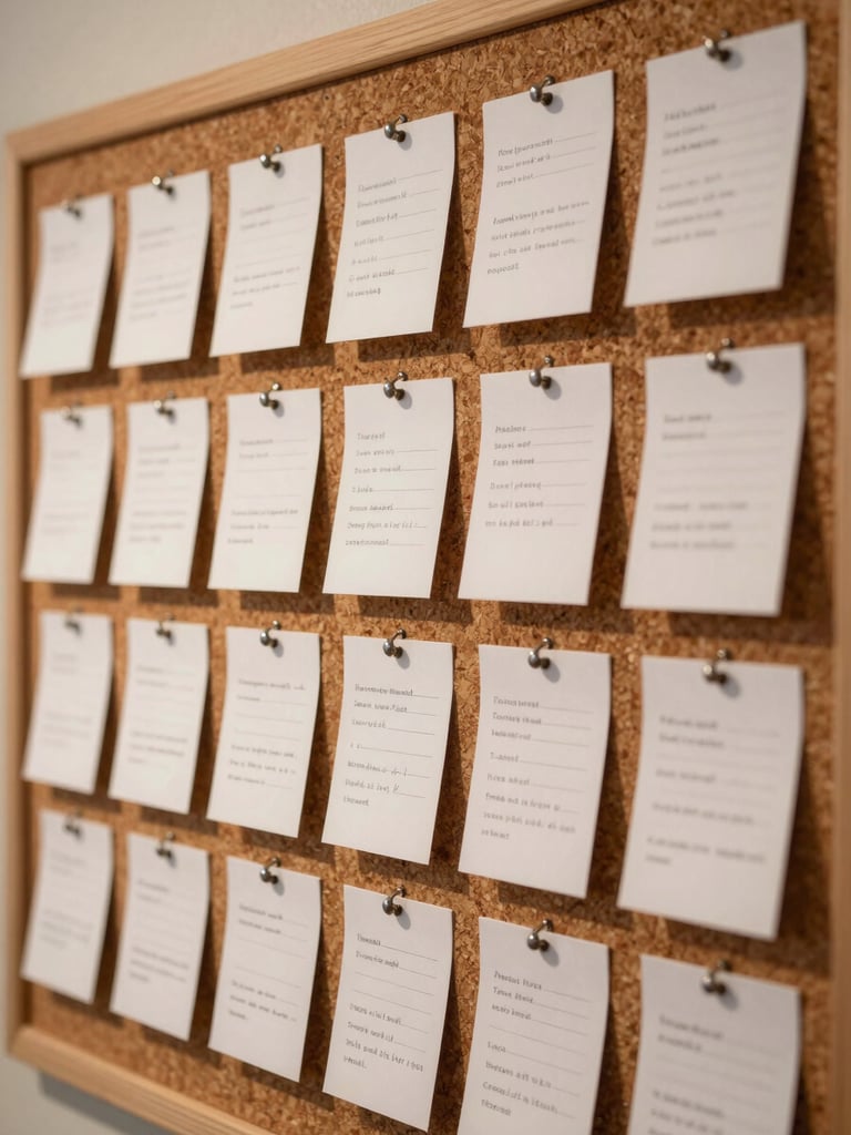 A cinematic, macro detail shot of a writer's room corkboard. Neatly organized index cards with technical plot points are pinned in structured rows under warm tungsten lighting, casting sharp shadows.