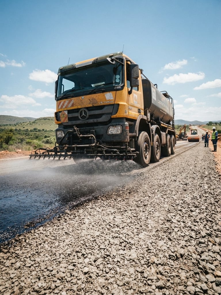 Low-angle heroic shot of a heavy bitumen distributor truck spraying hot liquid bitumen onto a prepared road base under bright South African daylight, textured road surface visible