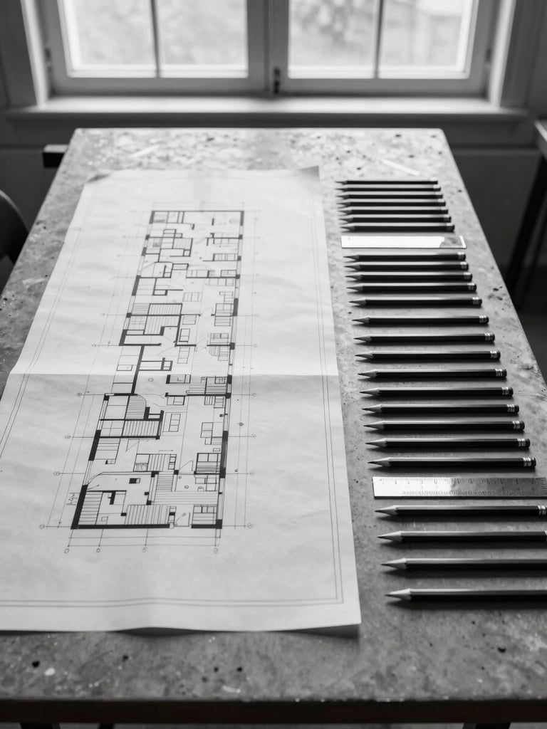 Wide studio shot from above, architectural blueprint sheets laid flat on a concrete drafting table, pencils and a set square arranged in precise parallel lines to the right, overcast daylight from a high window, monochromatic high-contrast, no people
