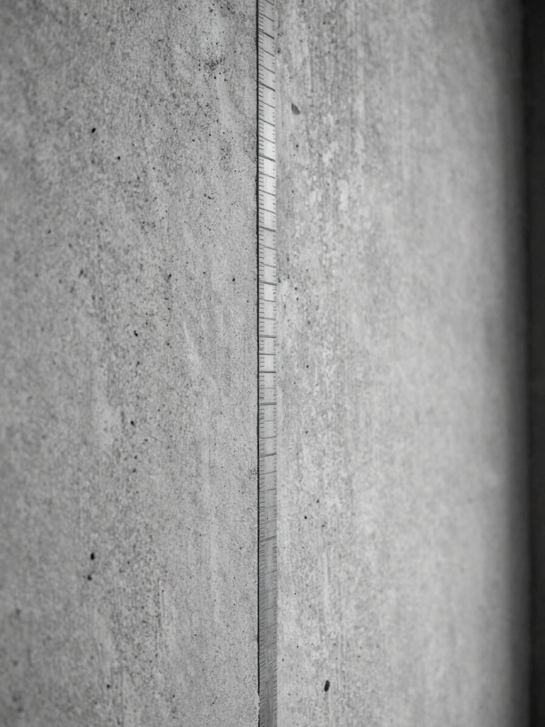 Extreme close-up of raw concrete wall texture meeting a precisely ruled pencil line, construction detail, high-contrast black-and-white studio light from one side, no people, no warmth, no filters, left-edge framing with generous negative space on the right