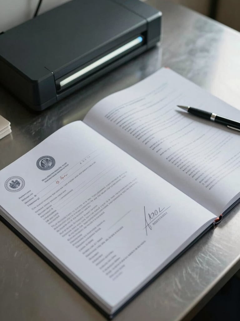 Close-up overhead view of an open compliance dossier on a clean steel desk, official seals and signatures visible on printed pages, a pen resting beside a stamped document, scanner light casting even clinical illumination, no people
