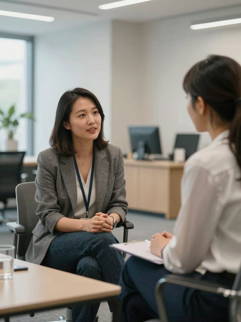 A professional parent-consultant meeting in a modern, well-lit academic counseling office, clean architectural lines, focused and reassuring atmosphere.