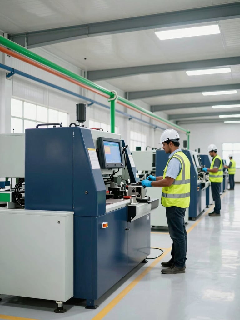 A bright, wide environmental shot of a modern clean factory floor in Jharkhand, active machinery, professional operators in safety gear, natural daylight, sharp focus