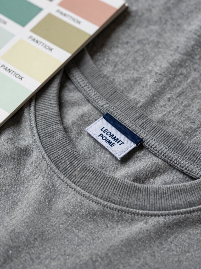 Tactile macro shot of a heavy-weight custom-dyed cotton t-shirt collar with a stitched woven brand label, Pantone swatch book resting nearby, soft natural side lighting.