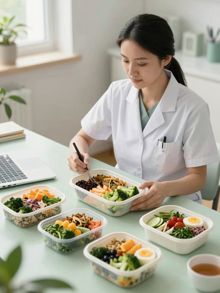 Approachable clinical dietitian in a bright sunlit office, overhead flatlay of healthy balanced meal prep on the side, soft green tones