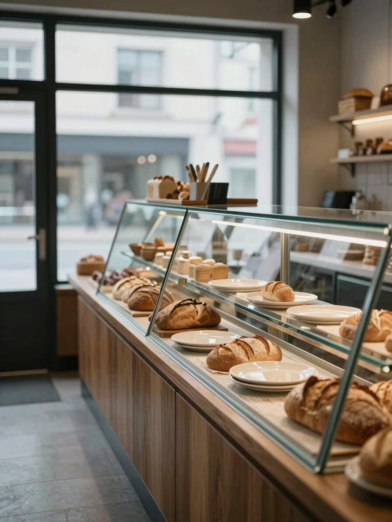 Wide view of an empty bakery counter from just inside the entrance, shot in cool north-facing window light — a long wooden surface with a few loaves of bread arranged without styling, pale ceramic plates, the glass display case partially visible to the right, no staff, no customers, early morning quiet
