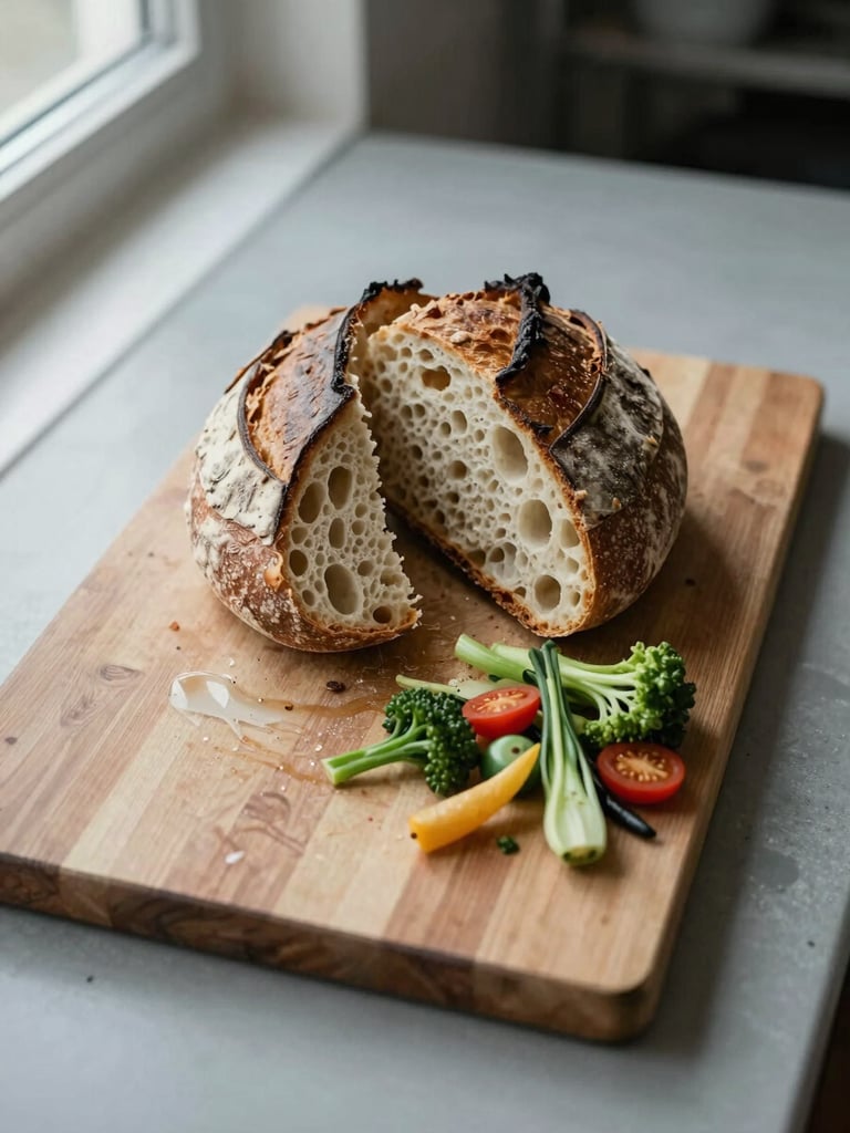 Close overhead shot of a cutting board on a bakery counter — a halved sourdough loaf showing open crumb, a handful of small seasonal vegetables beside it, lit by diffuse north-facing window light with no shadows, cool neutral colour temperature, no props