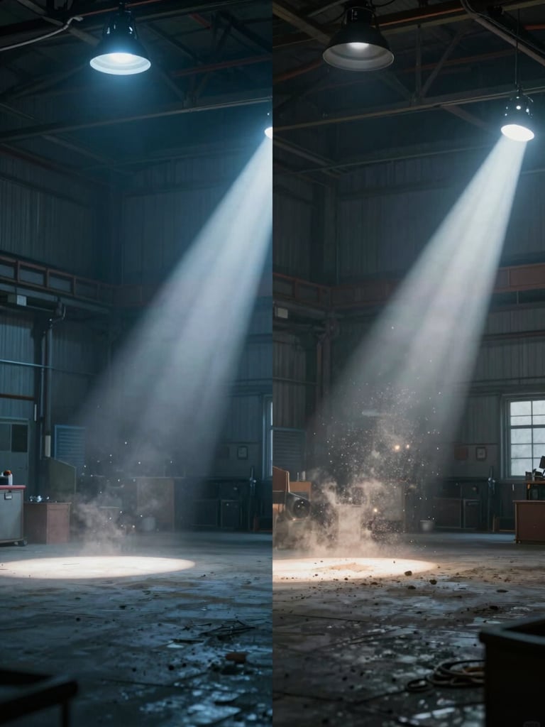 Wide cinematic VFX breakdown frame — split showing live-action plate on the left half and fully composited 3D environment on the right half, industrial warehouse interior, volumetric light shafts cutting through dust particles, cold blue practical lights on the ceiling, technically precise render quality