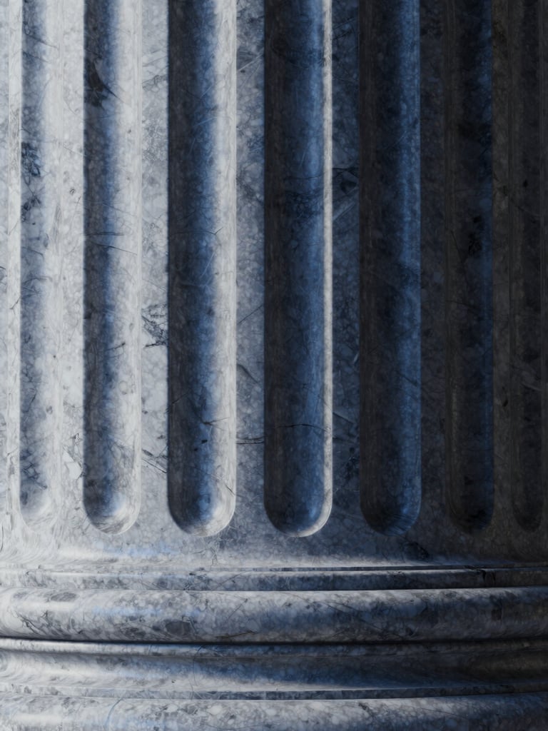 Close-up detail crop of a photorealistic 3D architectural surface render — marble column with subsurface scattering visible, cold steel-blue ambient light raking across the geometry from the left, deep shadow on the right edge, technically precise material study