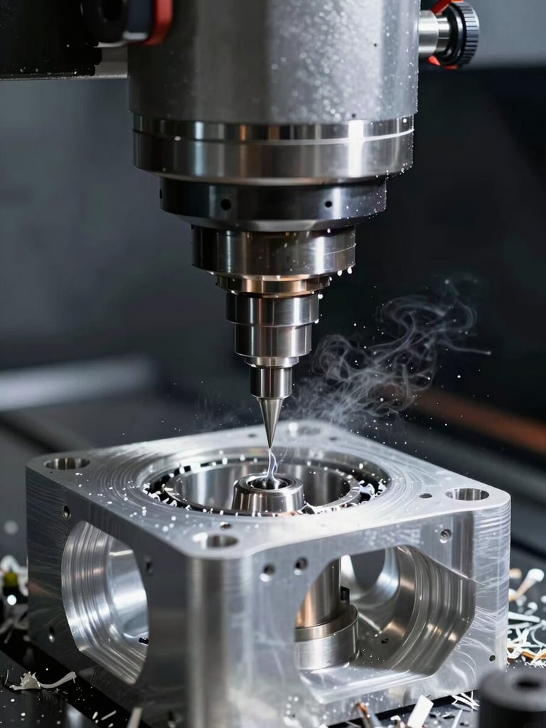 Macro close-up of a high-precision CNC milling machine cutting a custom aluminum enclosure, sharp metal shavings, cooling fluid mist, high-contrast spotlighting