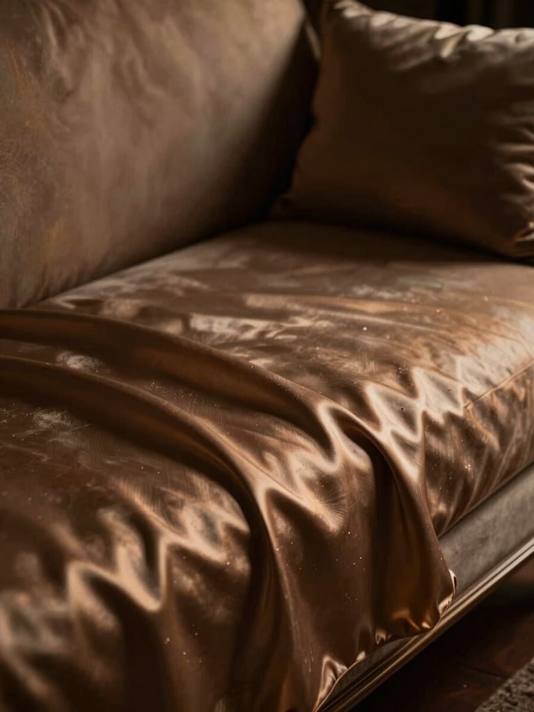 Artistic close-up of high-end silk linens on an elegant chaise lounge, warm bronze highlights, deep shadows, low-key lighting.