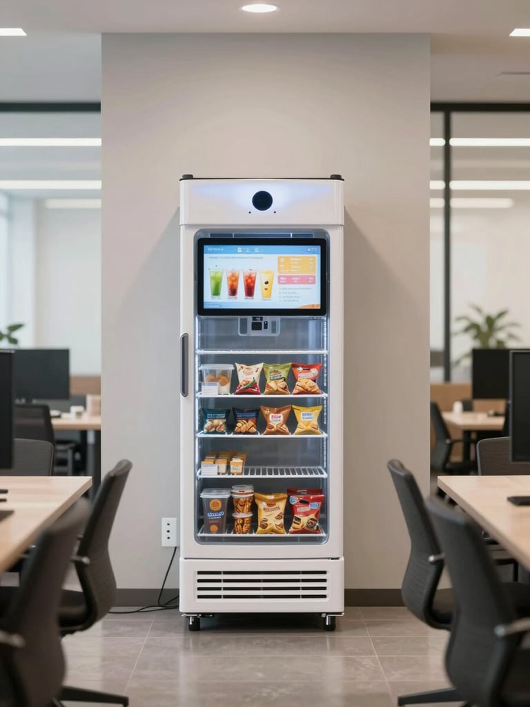 Wide environmental shot inside a modern office break room, an AI smart cooler machine centered in frame against a neutral wall, touchscreen display visible showing beverage and snack selections, bright neutral commercial lighting, clean and functional