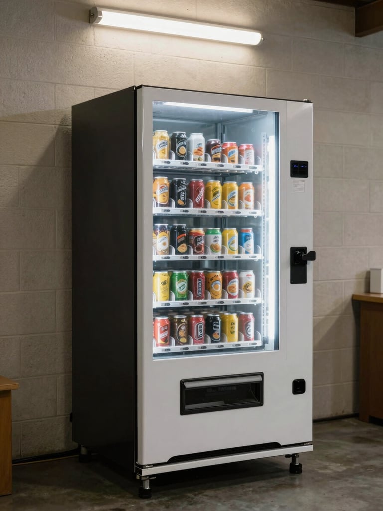 Close environmental shot of a traditional snack vending machine standing against a painted cinder-block wall in a warehouse break room, bright overhead fluorescent lighting, product rows clearly visible through the glass, concrete floor