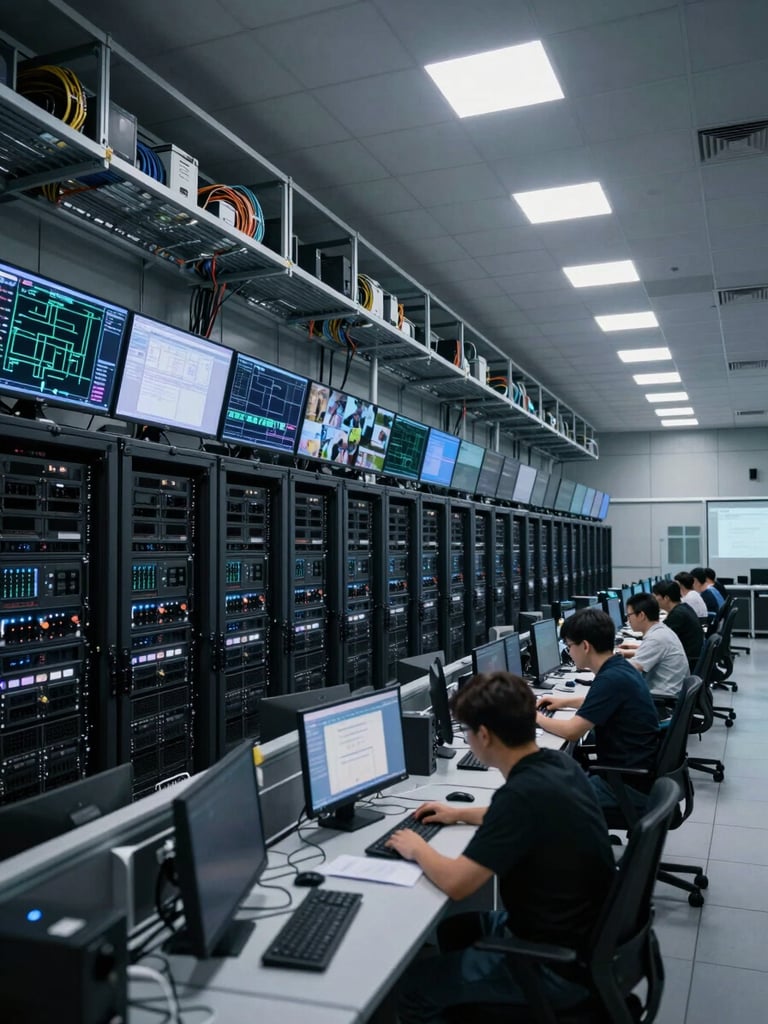 Wide panoramic view inside a large enterprise control room — multiple rack-mounted server arrays lit with cool white overhead floods, live monitoring screens displaying network topology and camera feeds, cable management trays visible overhead, operator workstations in the foreground, deep perspective receding to the right