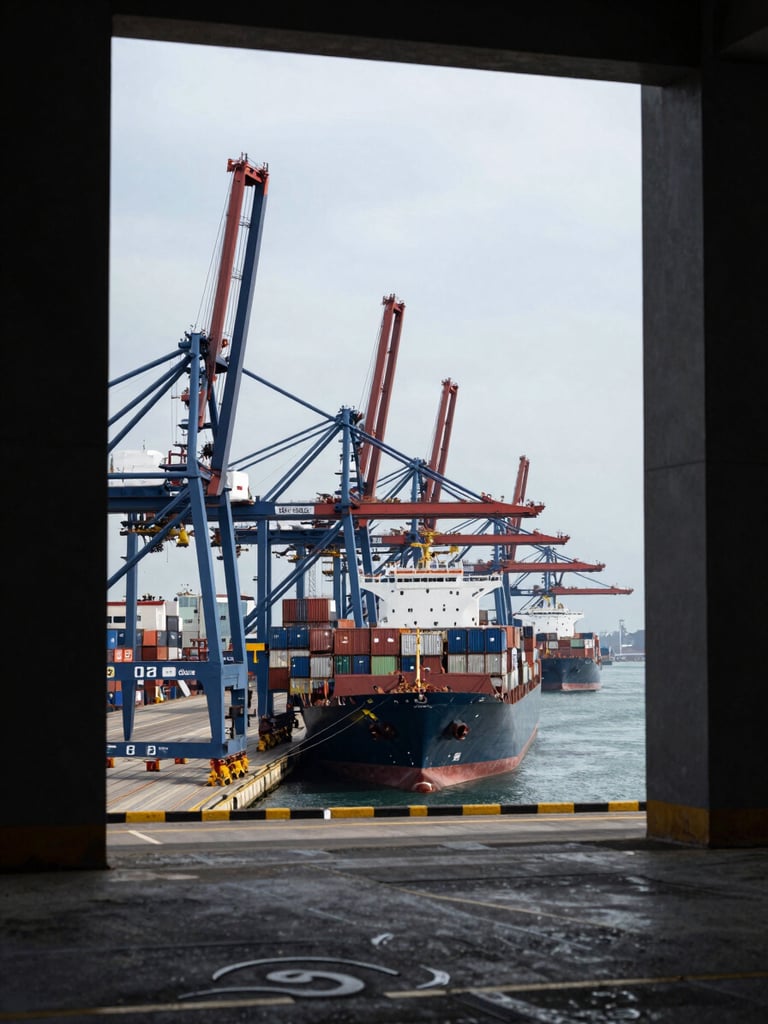 Wide panoramic shot of a bustling deep-water container port at cinematic daylight, cargo ships, cranes, deep navy and steel tones, architectural framing, high-quality editorial photography