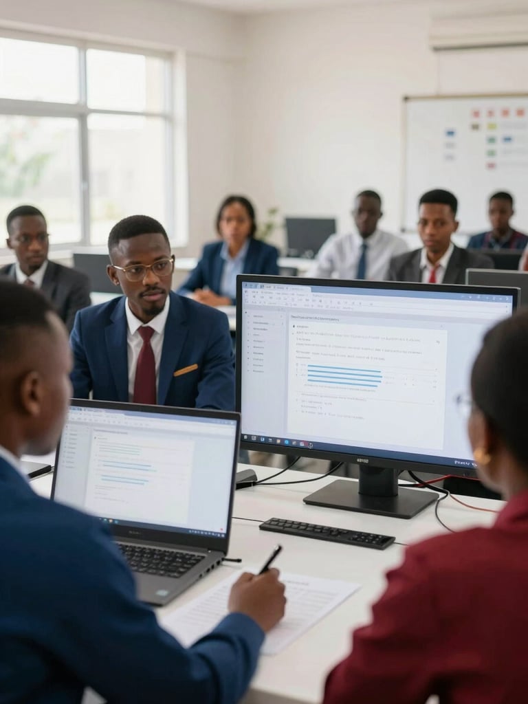 A bright, structured classroom training session in Douala with young professionals interacting with modern digital dashboards, sharp focus.