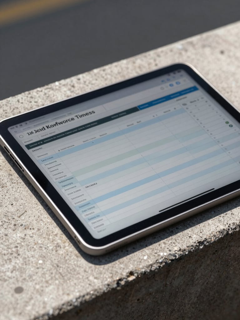 Macro close-up of a tablet screen on a concrete ledge, displaying a real-time field workforce timesheet matched with construction project accounting codes under direct sunlight.