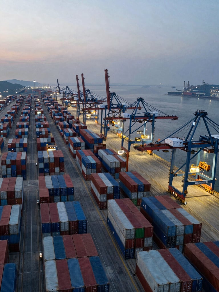 Panoramic overhead aerial shot of a major international container port at dusk, rows of stacked cargo containers stretching to the left horizon, electric-blue crane lights active on the right third, cool industrial haze, vast scale of global freight infrastructure
