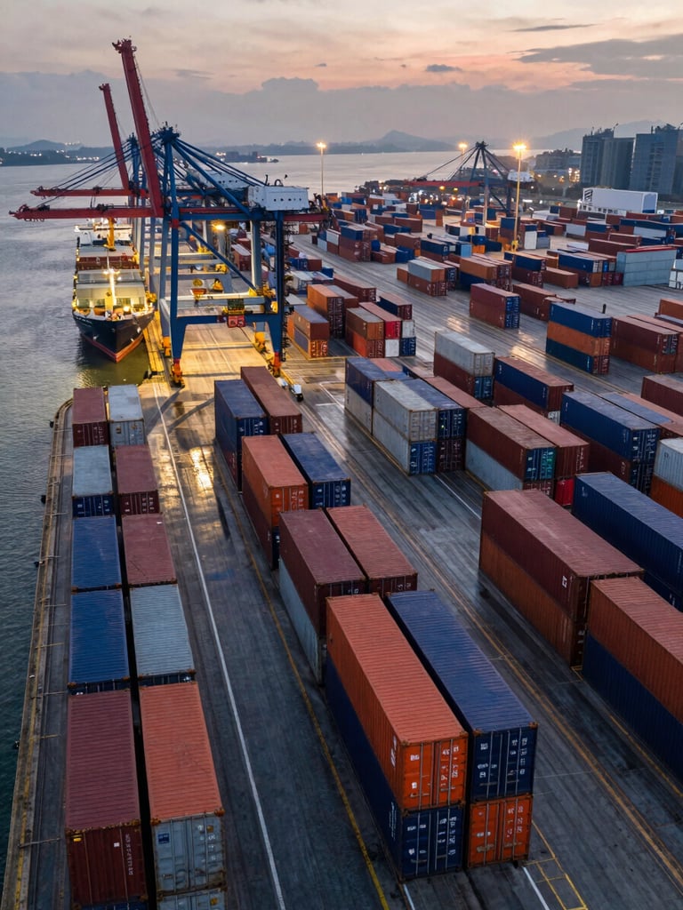 Overhead wide shot of a busy container port at dusk, rows of stacked shipping containers in deep navy and orange, electric-blue crane lighting reflecting on wet tarmac, a cargo vessel visible at the far left dock, expansive logistics infrastructure stretching to the horizon