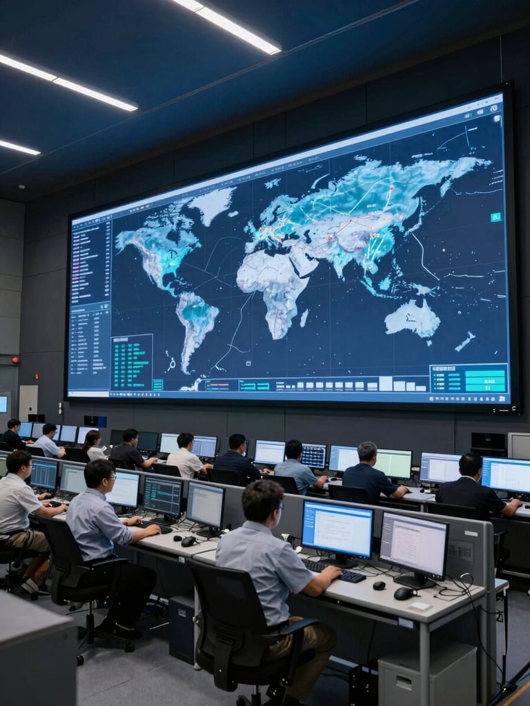 Wide shot of an active logistics command center at night, multiple large-format screens displaying live global shipping route maps with electric-blue data overlays, operators seated at workstations in the foreground, cool fluorescent light, deep navy ambient glow