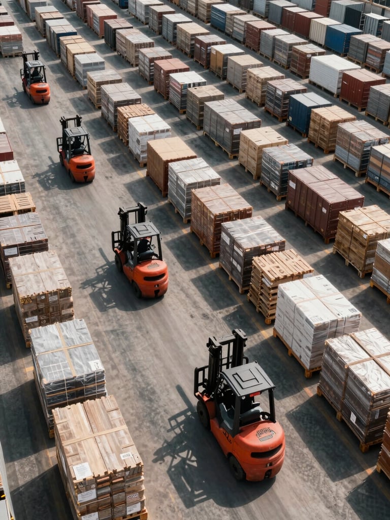 Overhead panoramic view of a large international freight warehouse, rows of palletised cargo, forklifts in motion along marked aisles, natural daylight flooding through skylights, sharp shadows creating a grid pattern across the floor
