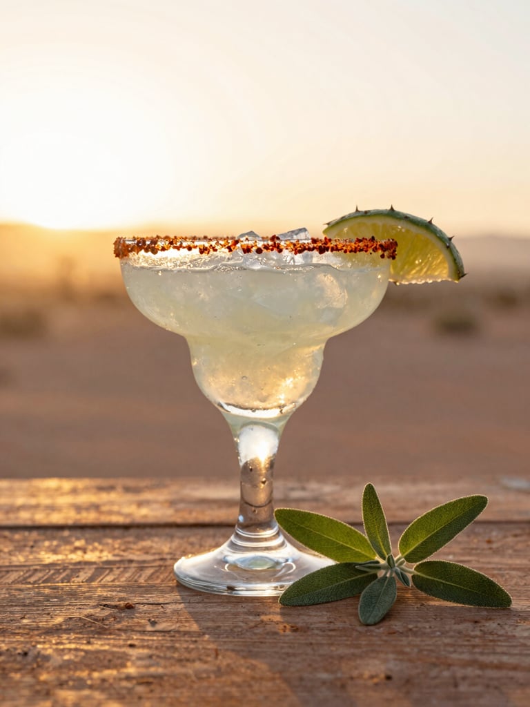 A vibrant prickly pear margarita in a heavy glass rimmed with chili salt, sitting on a rustic wooden surface next to a fresh sage leaf, warm sunset light.