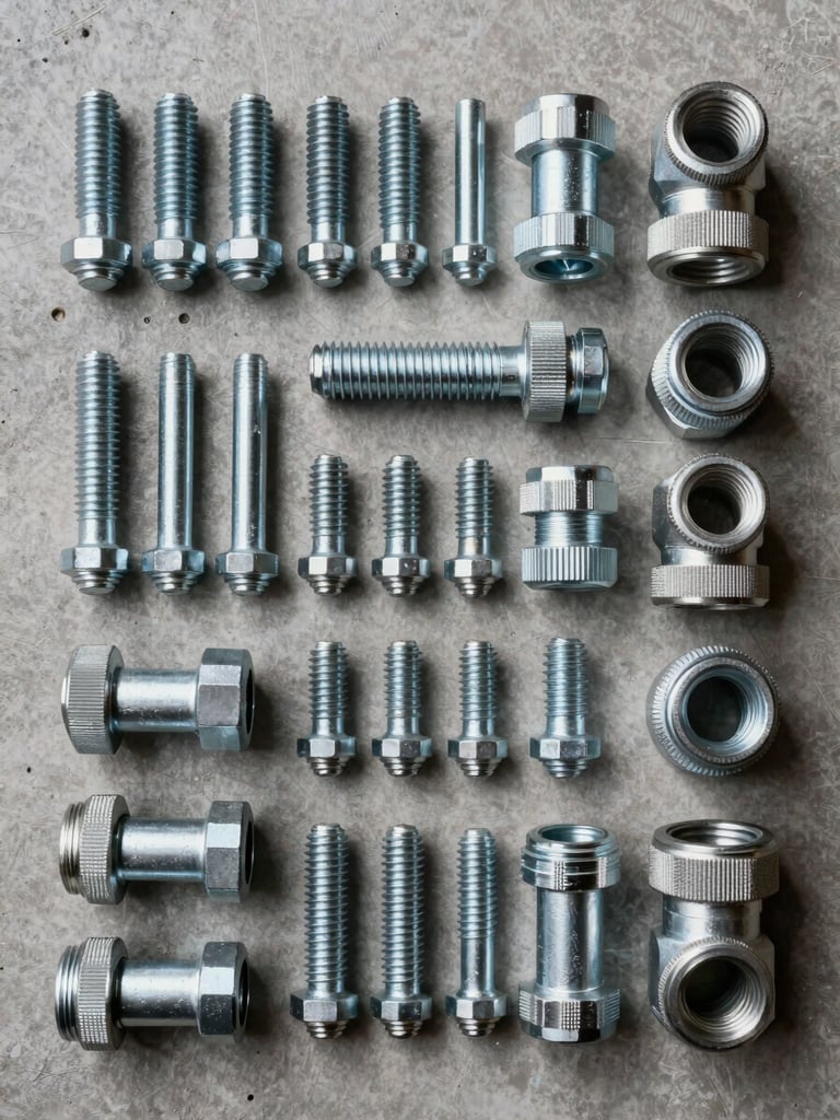 Straight-on overhead catalog view of organized construction hardware — steel bolts, pipe fittings, and electrical conduits arranged in rows on a gray concrete surface under studio strobe lighting, material textures sharp and clear
