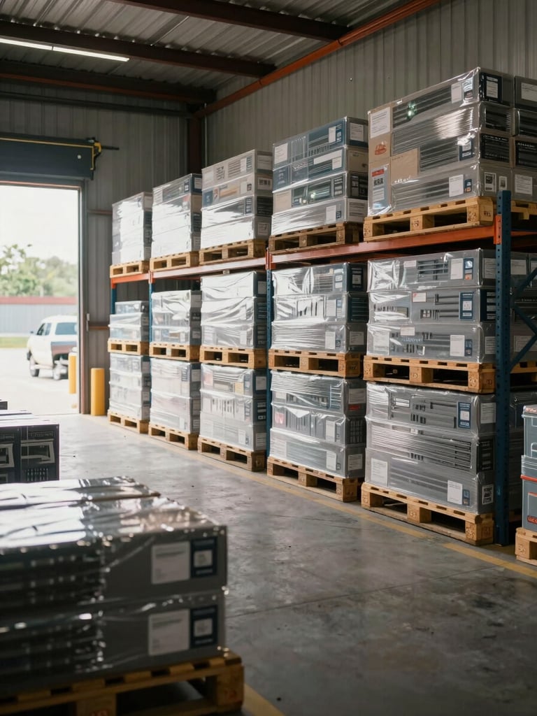 Wide environmental shot of an organized warehouse receiving area — pallets of boxed hardware stacked on racking with clear labeling visible, natural daylight streaming through a loading dock, no people