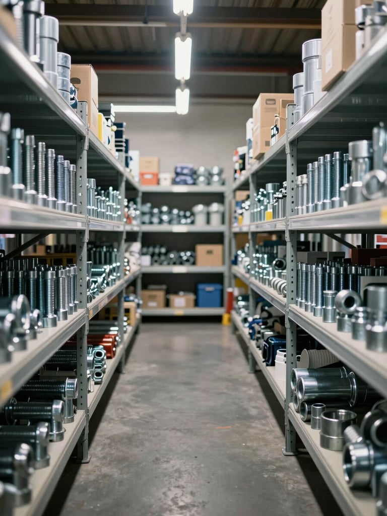 Straight-on wide shot of organized industrial hardware shelving inside a warehouse, rows of steel bolts, pipe fittings, and conduit neatly arranged on metal racks, cool fluorescent overhead lighting, sharp product detail visible