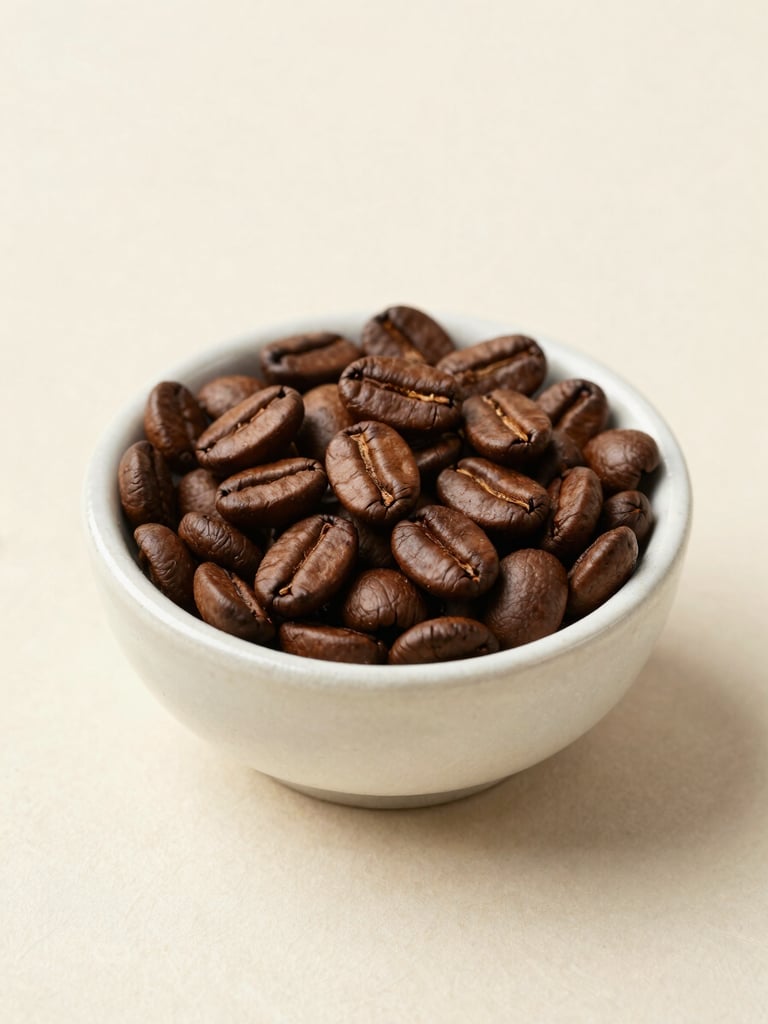 Macro photography of roasted specialty coffee beans inside a handmade ceramic bowl, soft north-facing daylight, textured cream background, editorial composition.