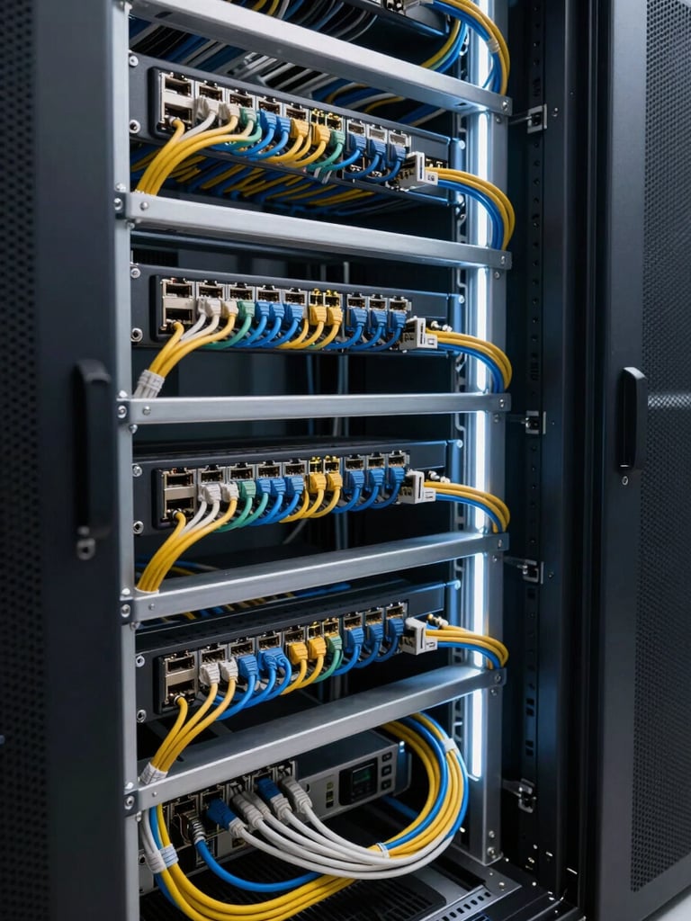 Close-up wide shot of a neat structured cable management run inside a commercial server rack, colour-coded ethernet and power cables bundled and labelled, cool white LED lighting illuminating the organised conduit, framed from a slightly low angle showing depth into the rack bay