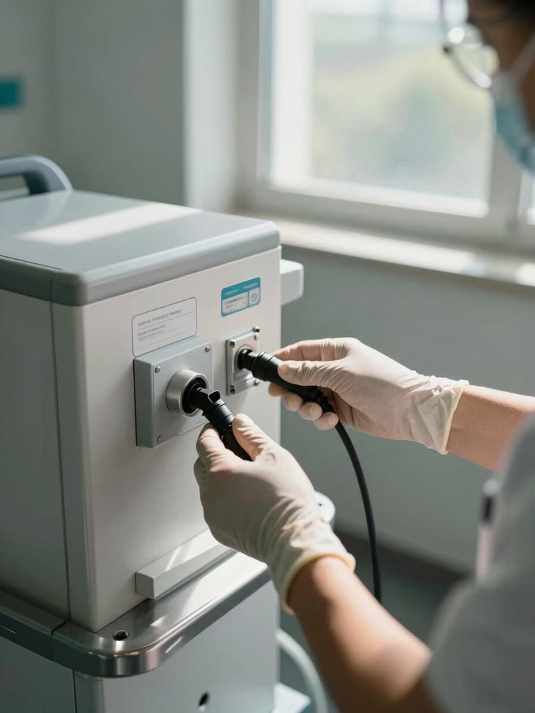 Close-up wide shot inside a clinical treatment room — a technician's gloved hands connecting a power feed cable to the rear panel of a medical imaging unit, stainless steel equipment surfaces visible, natural daylight from a high window casting clean side-lighting across the cable run and panel labels