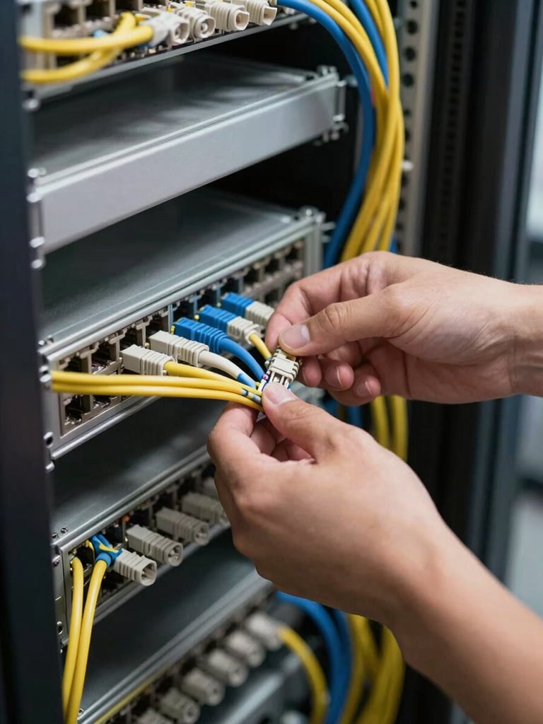 Close-up of a technician's hands routing and dressing a structured CAT6 cable run inside a commercial server rack, natural daylight from a nearby window illuminating the organised cable bundles, tight framing showing labelled patch cables terminated precisely into a patch panel