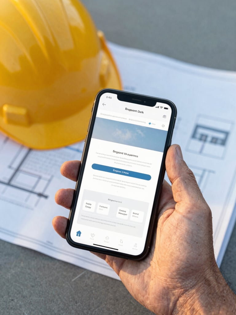 Close-up of a weathered, friendly hand holding a smartphone displaying a clean website, with a yellow construction hardhat resting on a blueprint in the soft-focus background, warm golden-hour light.