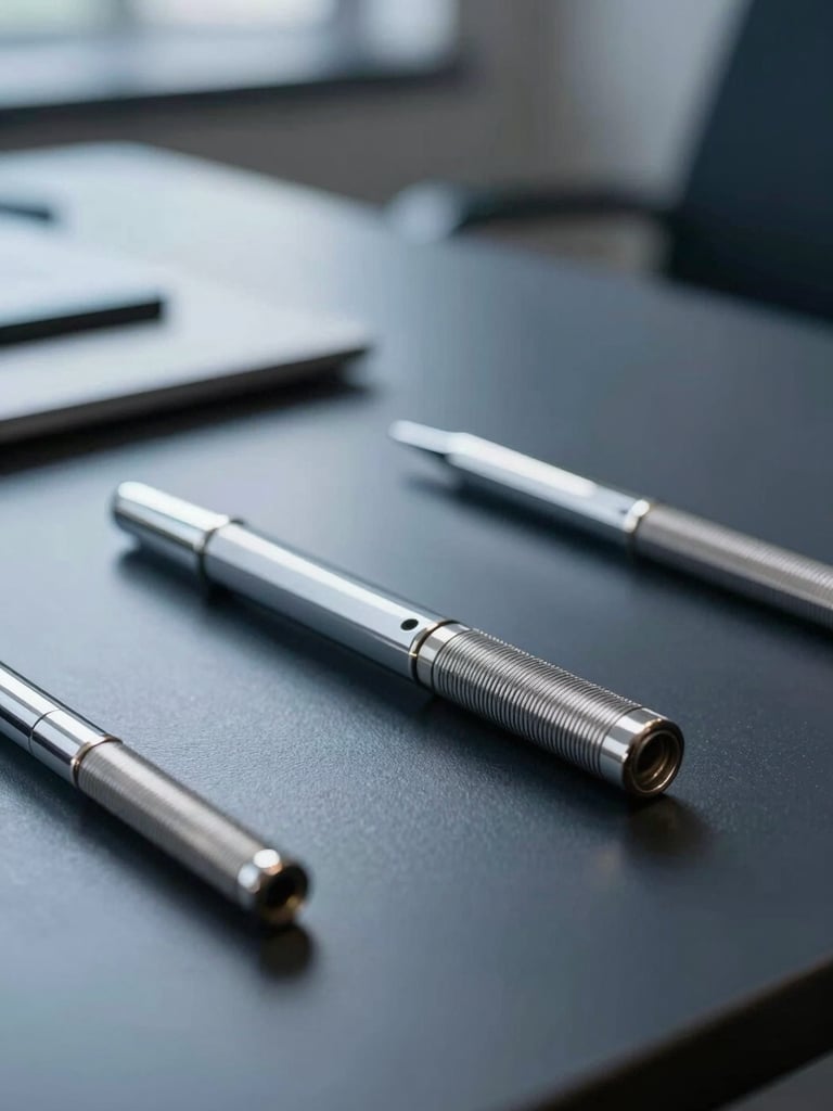 Refined macro shot of physical analytical tools on a sleek boardroom table, soft focus background, cool corporate lighting, 35mm