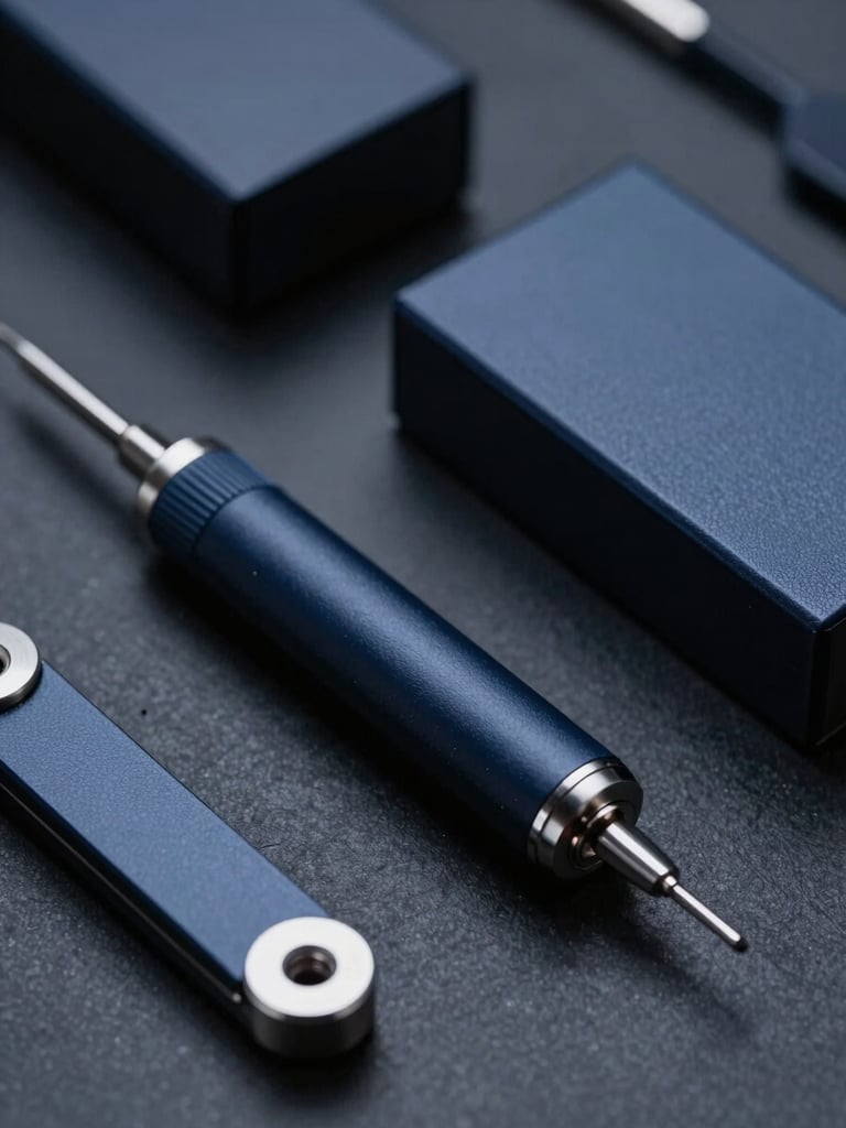 Sleek macro photography of physical analytical tools, cool low-key corporate lighting, deep navy tones, sharp focus, 35mm