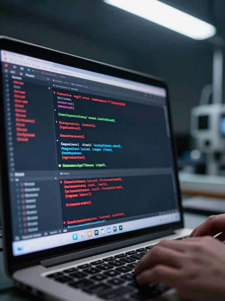 Close-up of a laptop screen displaying active terminal output and red team tooling in a dark lab environment, keyboard partially visible in foreground, fluorescent lab lighting casting a cold glow, deep contrast between screen luminance and surrounding darkness, no text legible, focused framing on the screen and hands