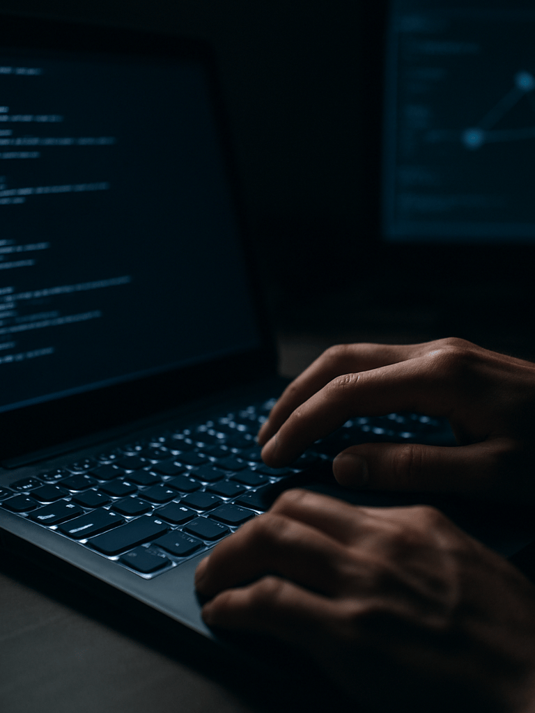 Close-up of hands on a laptop keyboard in a dim lab workspace, terminal screen casting blue-white glow across the keys, dark background with a secondary monitor showing network topology output, high contrast between screen light and surrounding darkness