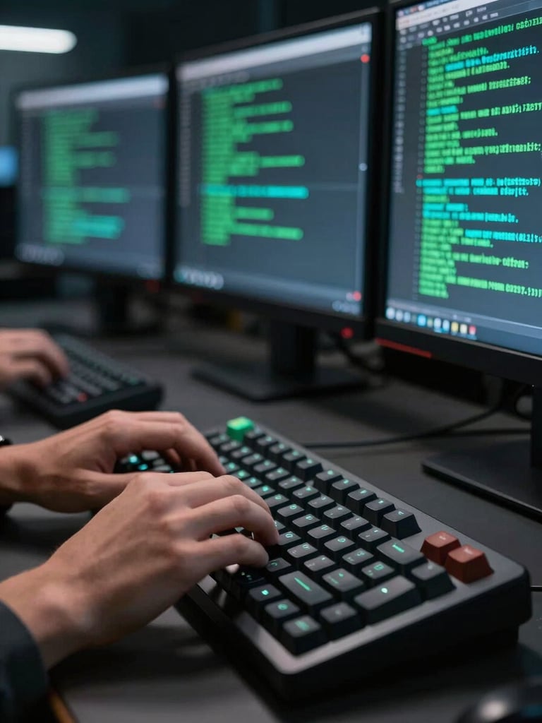 Close-up of hands typing on a mechanical keyboard in a dim lab environment, multiple terminal windows visible on monitors behind, green and cyan text output glowing against dark surroundings, high contrast between screen light and darkness