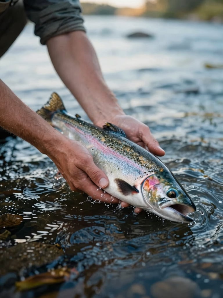 Close-up of a guide's hands gently releasing a wild salmon back into clean, flowing river water, soft morning daylight, macro detail.