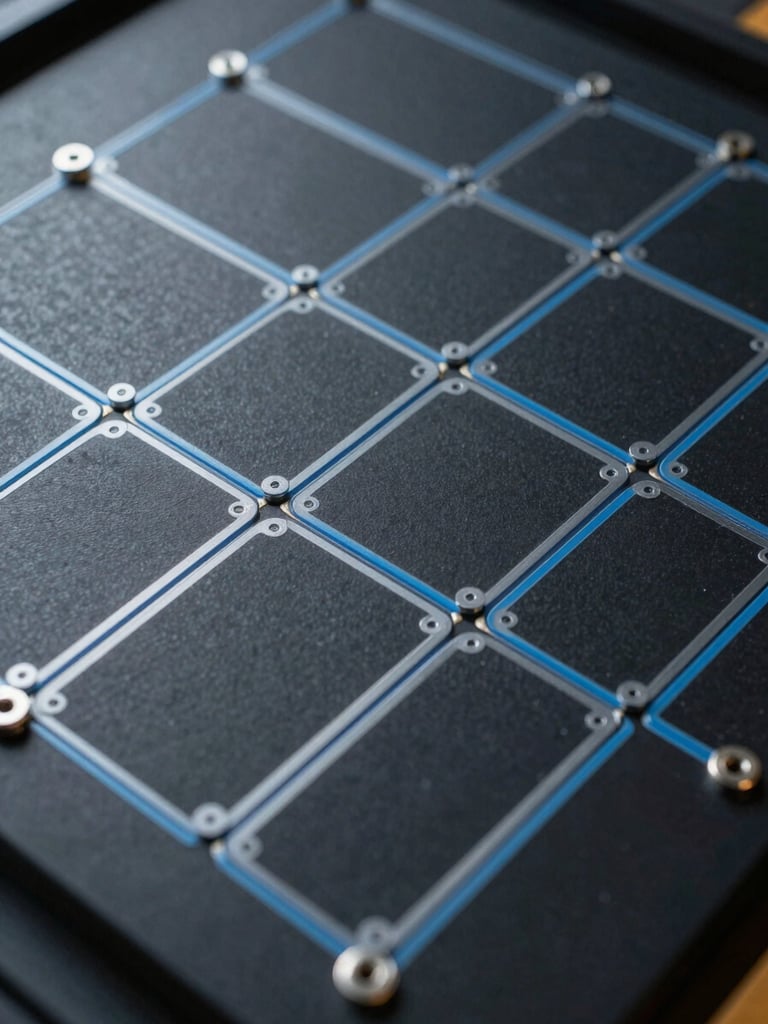 Extreme close-up overhead of a modular infrastructure diagram on a dark matte surface, segregated rectangular zones labeled with steel-blue borders, cool north-facing daylight, no text visible, precise grid lines