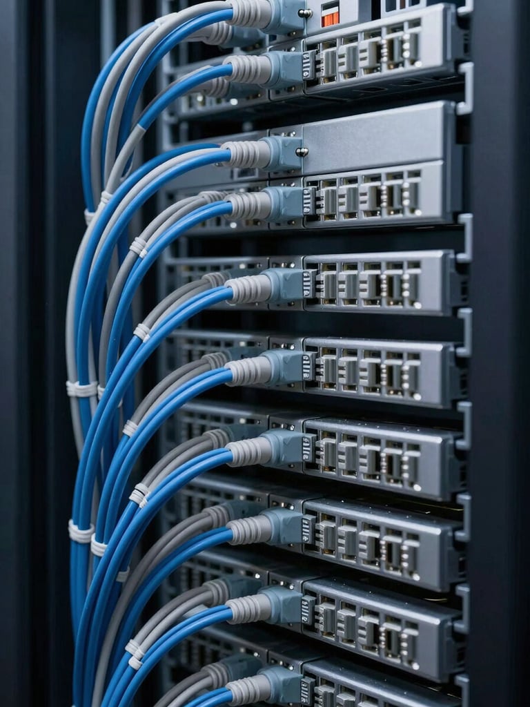 Extreme close-up of dense server cable management, tightly bundled fiber optic cables in cool blue and grey tones arranged in precise parallel rows against a dark rack panel, even studio lighting from the left, sharp focus on the cable termination points