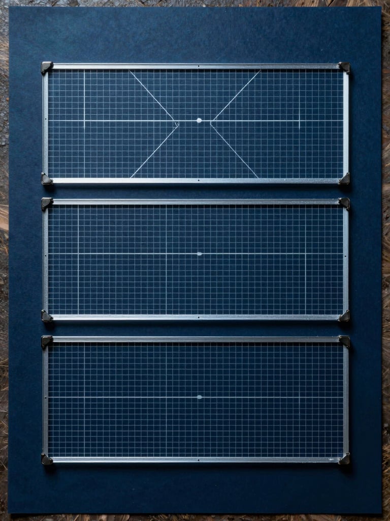 Overhead top-down view of a modular system architecture diagram on dark blueprint paper, three clearly delineated rectangular isolation zones labeled with grid lines, cool studio lighting, no text or labels visible, geometric precision