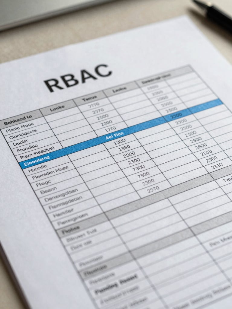 Extreme close-up of compliance documentation on a light desk — a structured RBAC matrix printout with ruled grid lines, role columns, and permission rows, a single steel-blue annotation marking an active boundary, cool north-facing daylight, sharp geometric typography visible on the page