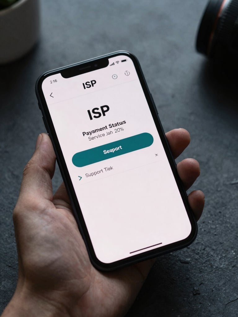 Close-up portrait of a smartphone screen showing a branded ISP customer app interface with payment status, service expiry date, and support ticket button, held in one hand against a dark charcoal desk surface, cool overcast studio lighting