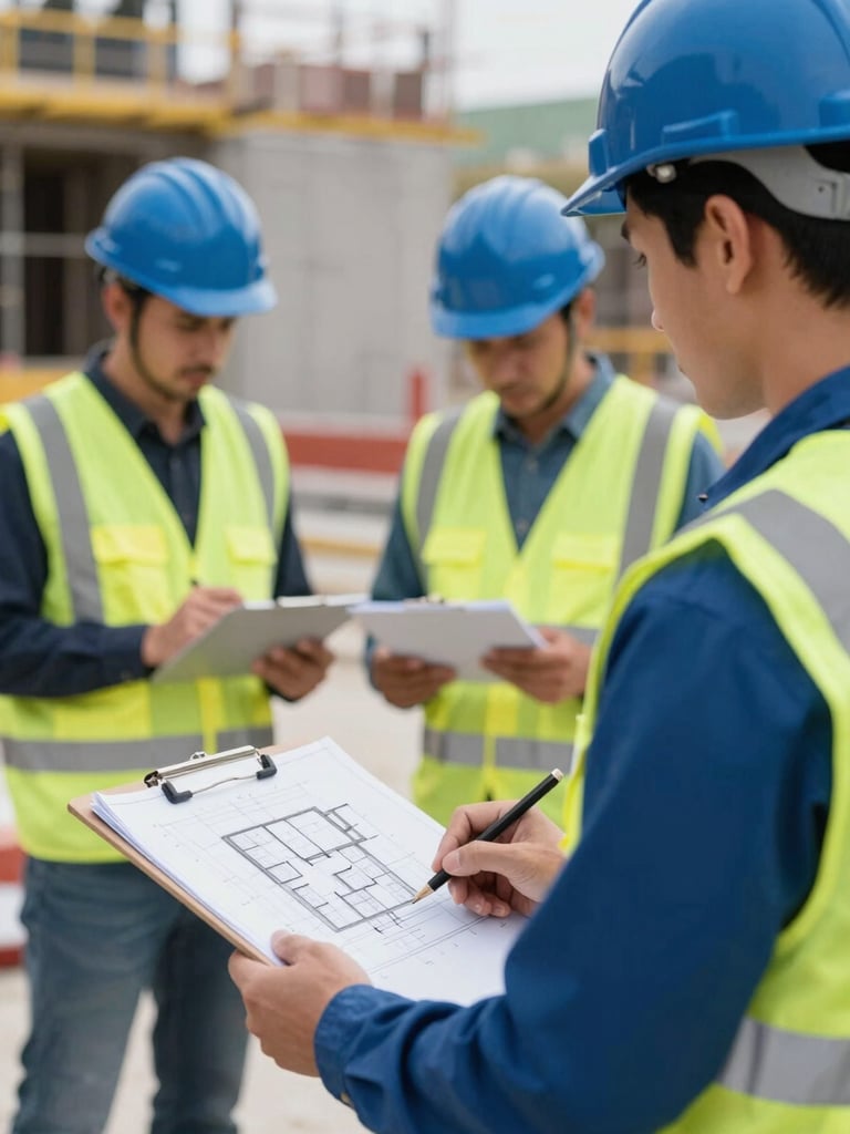 Professional construction site with workers wearing blue helmets and high-visibility vests, architectural blueprint on a clipboard in the foreground, sharp focus, natural daylight